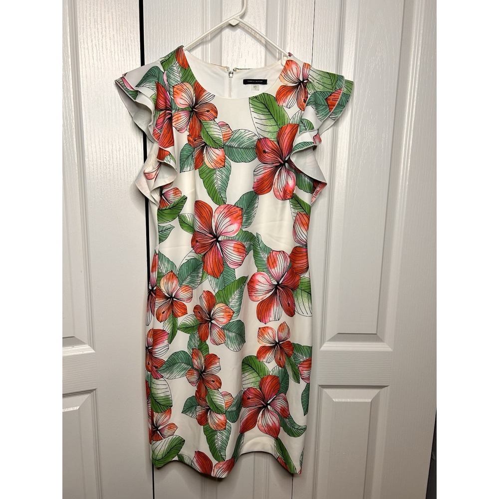 Tommy Hilfiger Womens Ivory Ruffle Sleeve Floral Party Sheath Dress Size 12‎